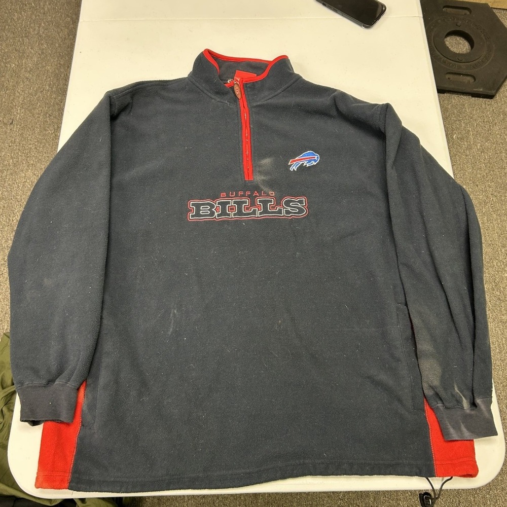 NFL Buffalo Bills Fleece Pullover Mens XL Navy Red Quarter Zip Distressed